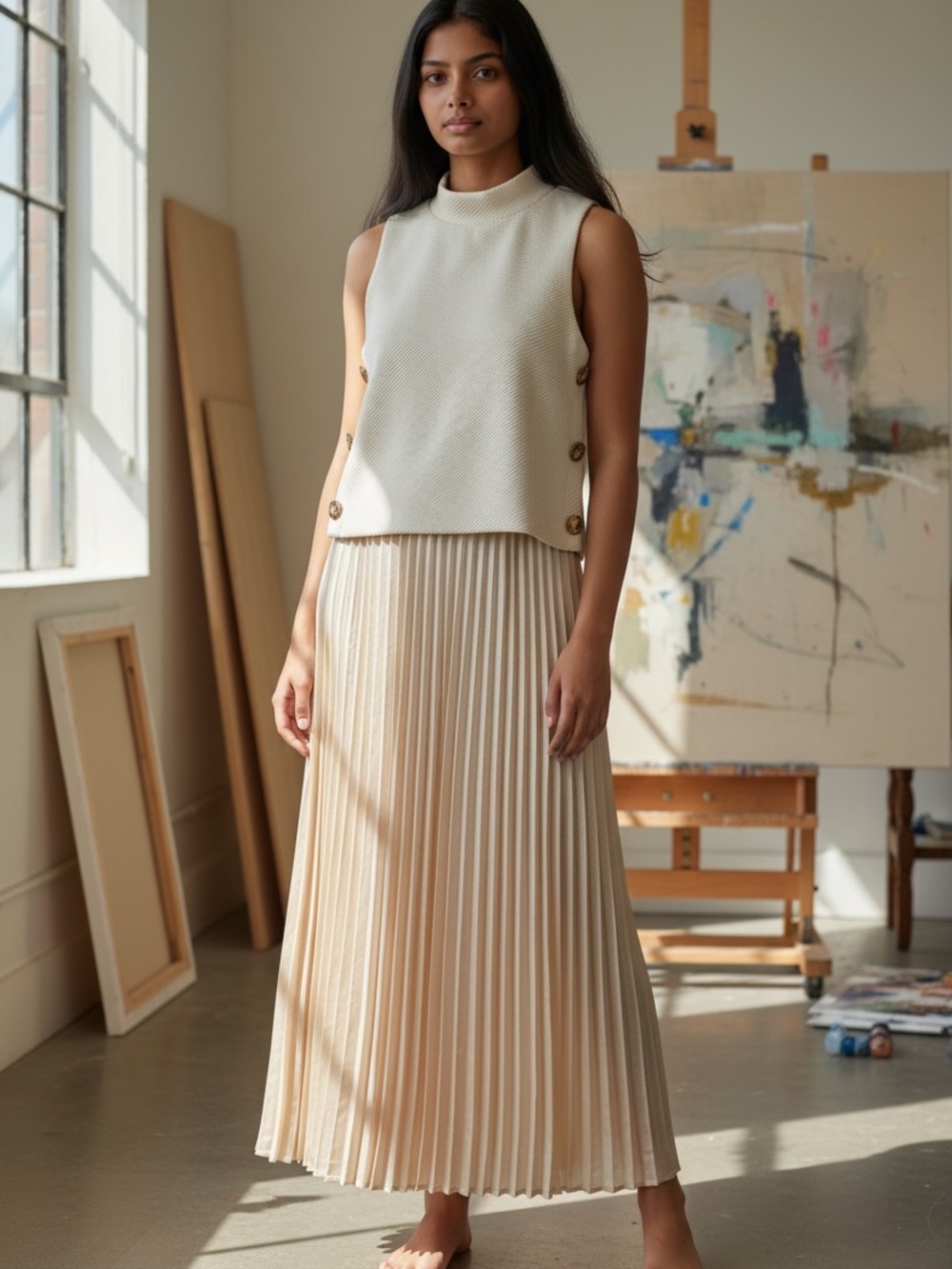 THML Cream Pleated Maxi Dress